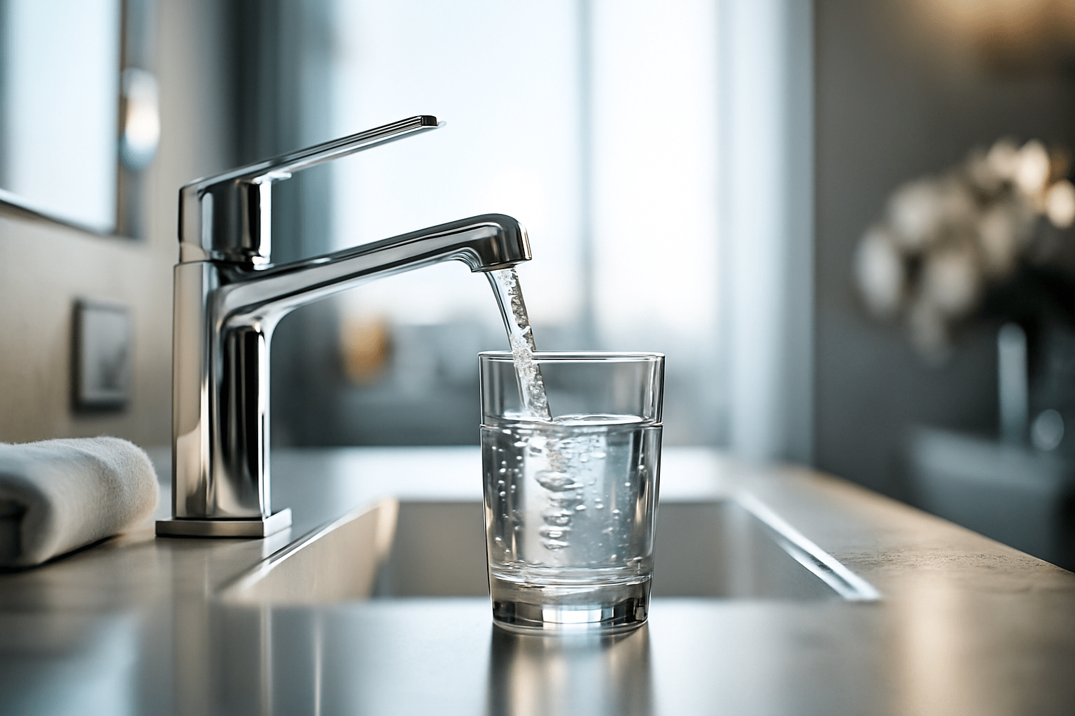 Frisches Wasser fließt aus einem modernen Chrom-Wasserhahn in ein Glas auf einer Hotelwaschtisch-Oberfläche.