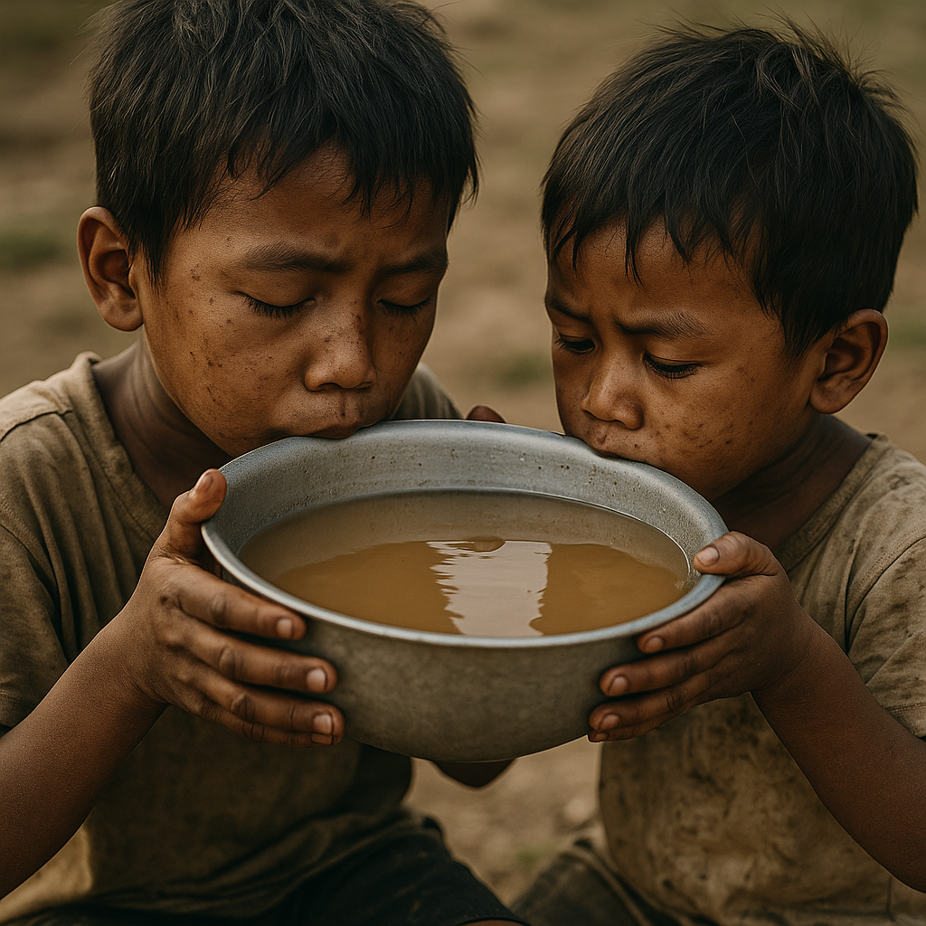 Asiatische Kinder trinken verschmutztes, braunes Wasser aus einer Schüssel, getragen von Armut und fehlendem Zugang zu sauberem Trinkwasser.