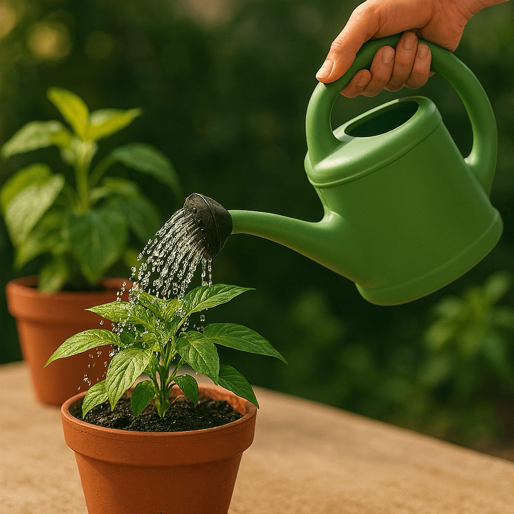 Topfpflanze, die mit einer grünen Gießkanne gegossen wird.