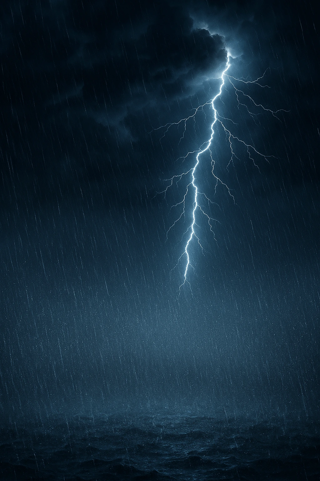 Blitz schlägt inmitten von starkem Regen und dunklen Gewitterwolken ein; typisches Unwetter mit Starkregen und Gewitter.