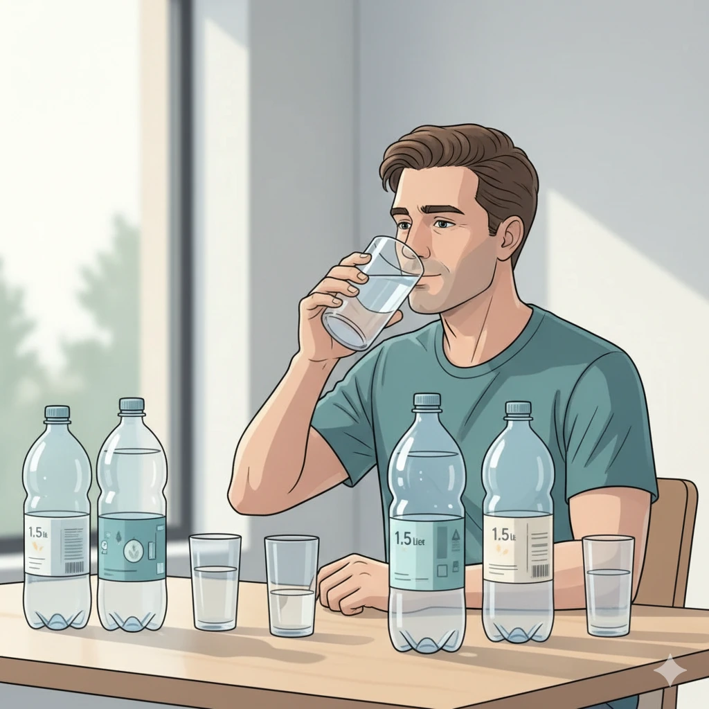 Mensch trinkt sehr viel Wasser – Darstellung des Irrglaubens, dass mehr Trinken immer gesünder ist