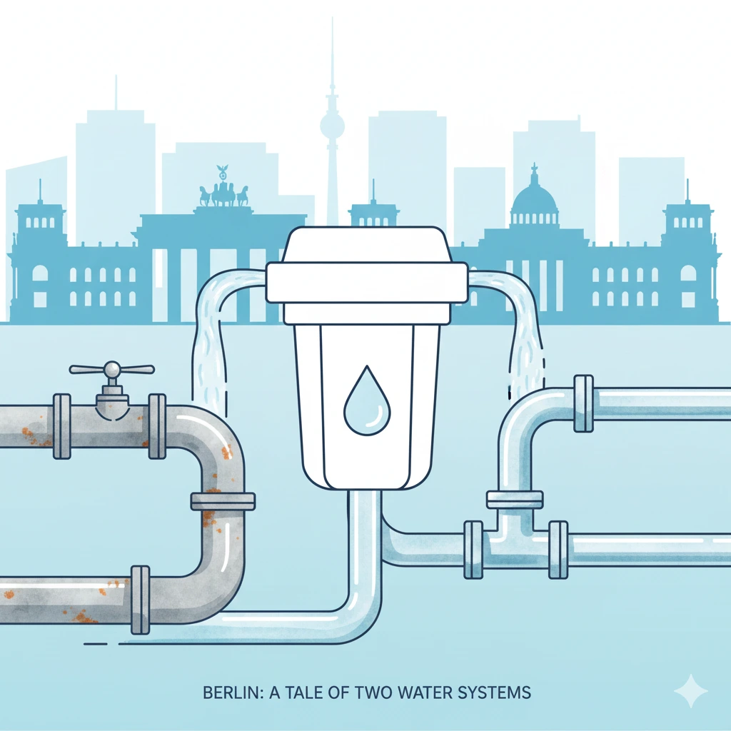 Illustration der Berliner Skyline mit Wasserfilter-Symbol, modernen Leitungen und alten, rostigen Rohren – Darstellung der unterschiedlichen Wasserinfrastrukturen in Berlin.