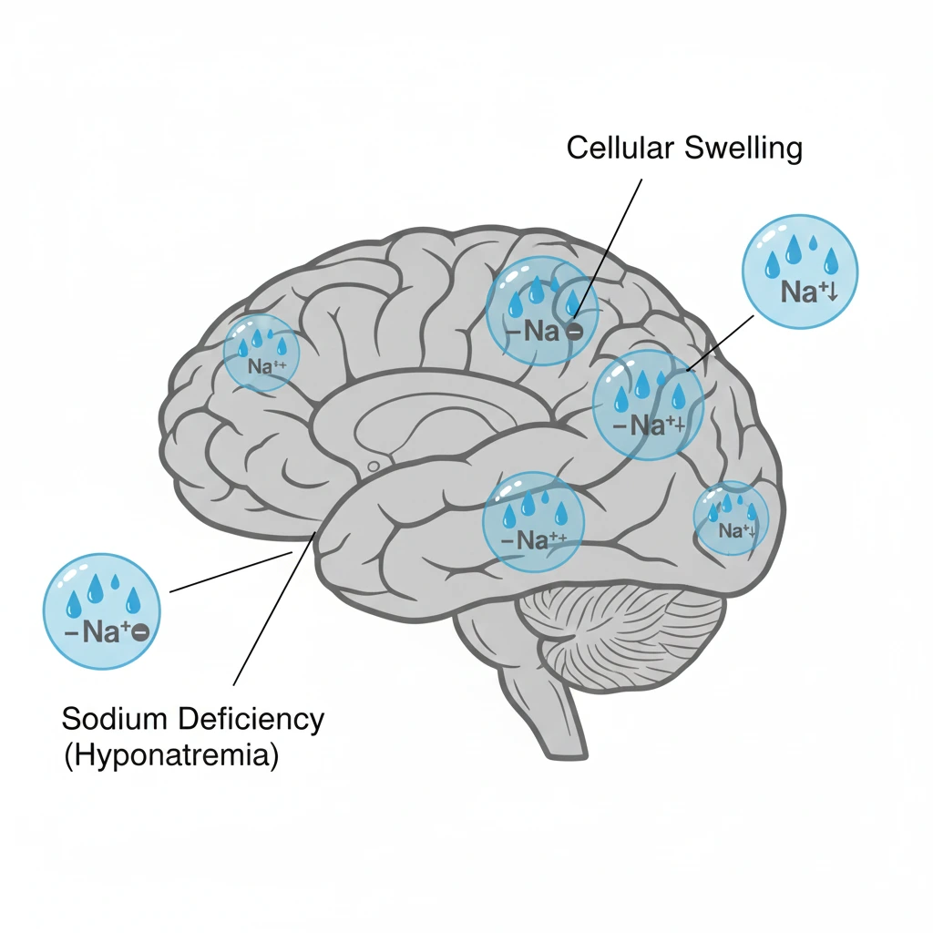 Illustration der Hyponatriämie mit Wassereinlagerung im Gehirn