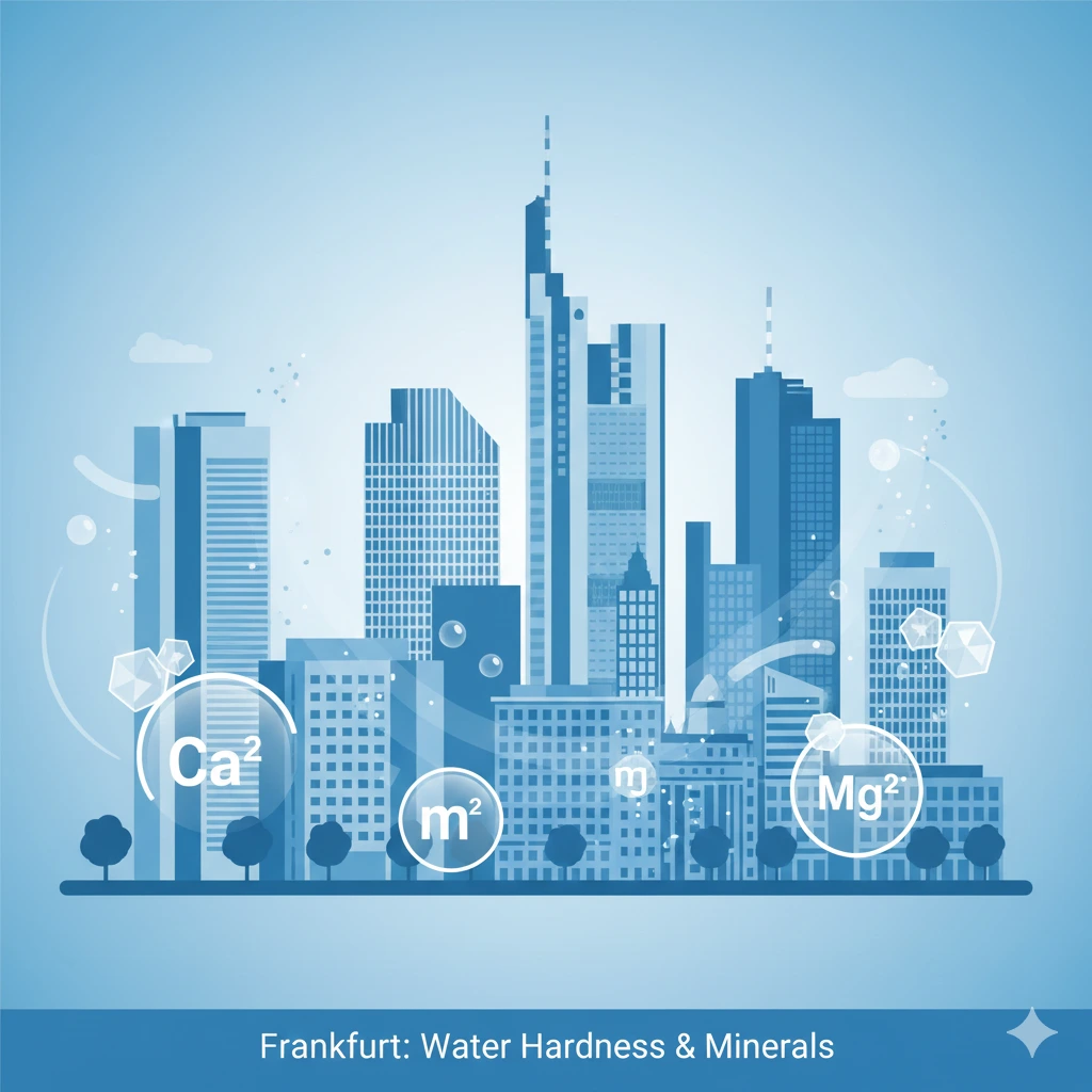 Illustration der Frankfurter Skyline mit Symbolen für Wasserhärte sowie Calcium- und Magnesium-Ionen – Darstellung der mineralstoffreichen Trinkwasserqualität in Frankfurt.