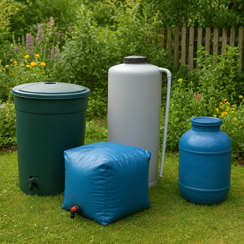 Verschiedene Behälter im Garten.