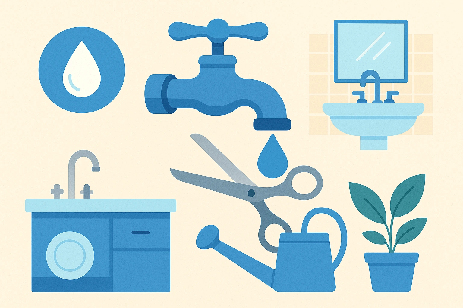 Symbolbild Wasser sparen, wo ein Wasserhahn mit einer Schere geschnitten wird und Haushaltsartikel abgebildet sind