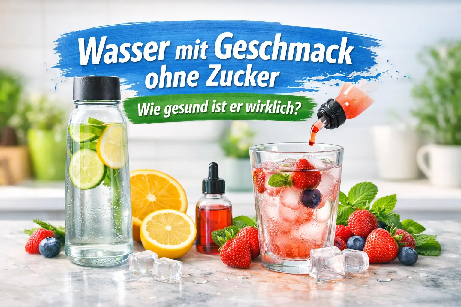 Wasser mit Geschmack ohne Zucker – aromatisiertes Wasser mit Früchten, Minze und Sirup in moderner Küche